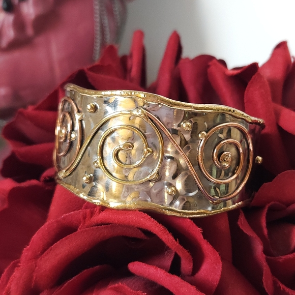 Gold & Bronze Swirl Hammer Texture Silver Cuff Bracelet Mixed Metal Bracelet - Picture 6 of 11